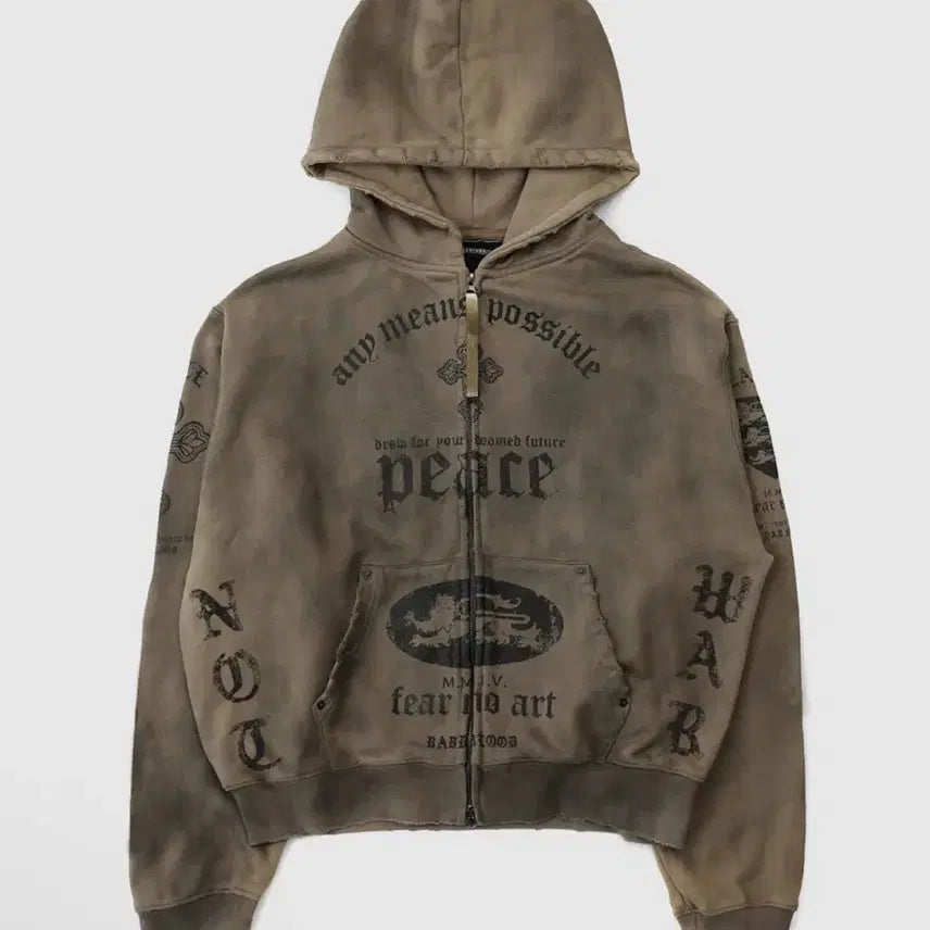 [BUNJANG] BADBLOOD PEACE NOT WAR Hoodie Zip-up Dusty Beige L / 배드블러드 PEACE NOT WAR 후드 집업 - 더스티베이지 L