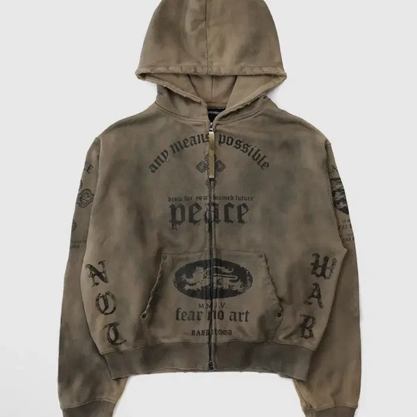 [BUNJANG] BADBLOOD PEACE NOT WAR Hoodie Zip-up Dusty Beige L / 배드블러드 PEACE NOT WAR 후드 집업 - 더스티베이지 L