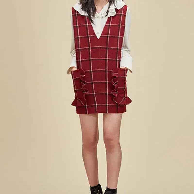 [BUNJANG] Lucky Chouette Shirring Frill Pocket Wool Check Mini Dress / 럭키슈에뜨 셔링 프릴 포켓 울 체크 미니원피스 브이넥 레이어드 민소매 나시 조끼 레드 버건디 와인 모직