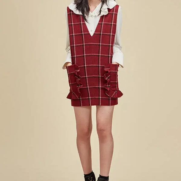 [BUNJANG] Lucky Chouette Shirring Frill Pocket Wool Check Mini Dress / 럭키슈에뜨 셔링 프릴 포켓 울 체크 미니원피스 브이넥 레이어드 민소매 나시 조끼 레드 버건디 와인 모직
