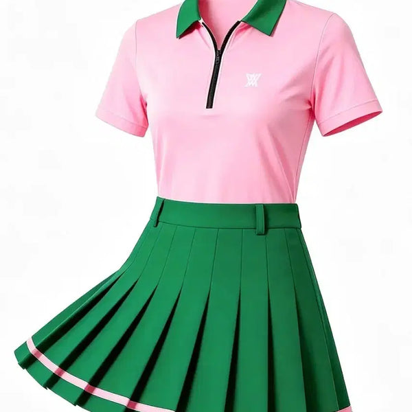 [BUNJANG] Women's Golf Wear Pink Short-Sleeve Polo Shirt and Green Pleated Skirt Set / 여성 골프웨어 핑크 반팔 카라티 그린 플리츠 스커트 세트