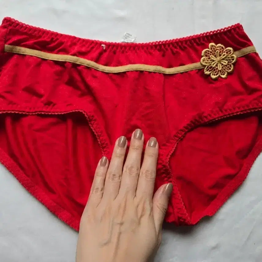 [BUNJANG] Red Floral Embroidered Panties (Used) / 빨간색 팬티 금장 꽃 장식 (중고)