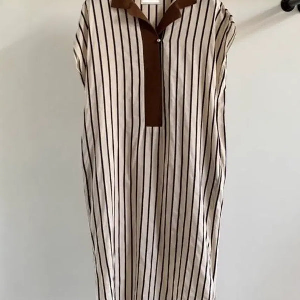 [BUNJANG] MAUVE Cotton Stripe Knit Collar Sleeveless Maxi Dress Pearl Button Summer Beige Brown / 모브 MAUVE 아사면 스트라이프 니트카라 롱원피스 캡소매 민소매 나시 진주단추 여름 베이지 브라운