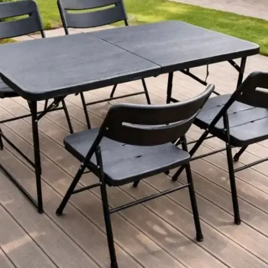 [BUNJANG] Black Large Folding Table Set for 4 with Parasol / 접이식 테이블 세트 야외용 4인용 블랙대형 파라솔
