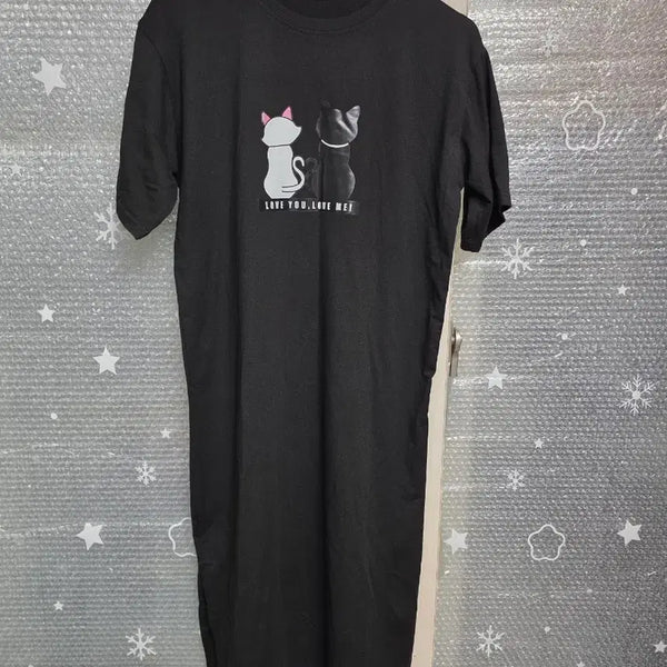 [BUNJANG] Black Cat Print Short Sleeve Long Dress / 검정색 고양이 프린팅 반팔 원피스