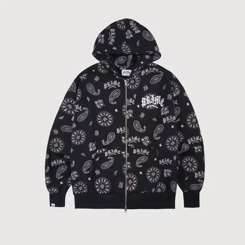 [BUNJANG] Prime Members Paisley Hoodie Zip-up Black / 프라임멤버스 페이즐리 후드 집업 블랙