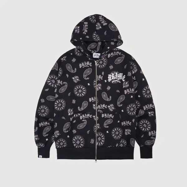 [BUNJANG] Prime Members Paisley Hoodie Zip-up Black / 프라임멤버스 페이즐리 후드 집업 블랙