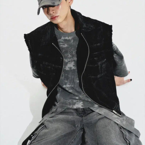 [BUNJANG] Denim Coated Washed Vest Black / 데님 코팅 워싱 베스트 조끼 블랙