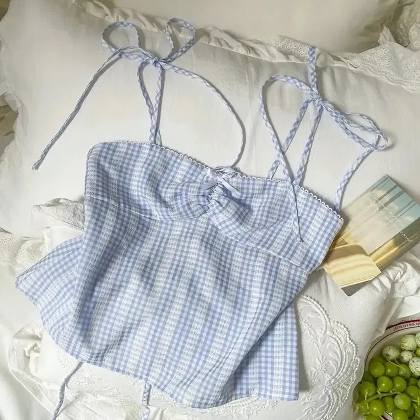 [BUNJANG] Vintage Japanese Blue Gingham Check Blouse with Shirring and Ribbon Detail / 일본 빈티지 블루 깅엄 체크 셔링 리본 슬리브리스 블라우스