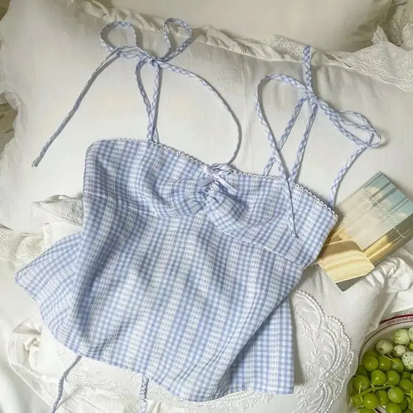 [BUNJANG] Vintage Japanese Blue Gingham Check Blouse with Shirring and Ribbon Detail / 일본 빈티지 블루 깅엄 체크 셔링 리본 슬리브리스 블라우스