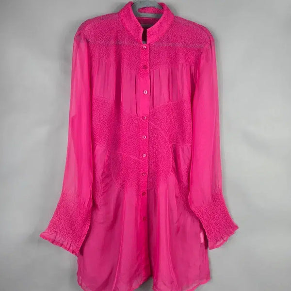[BUNJANG] Women's Loose Fit Sheer Pleated Long Blouse (Pink) / [무료배송]여성 F 루즈핏 시스루 부분 주름 플리츠 핑크 롱 블라우스