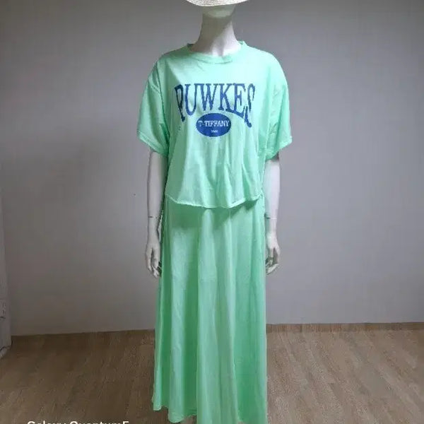 [BUNJANG] Mint T-shirt and Dress Set with Hat / 민트색 티셔츠 원피스 세트