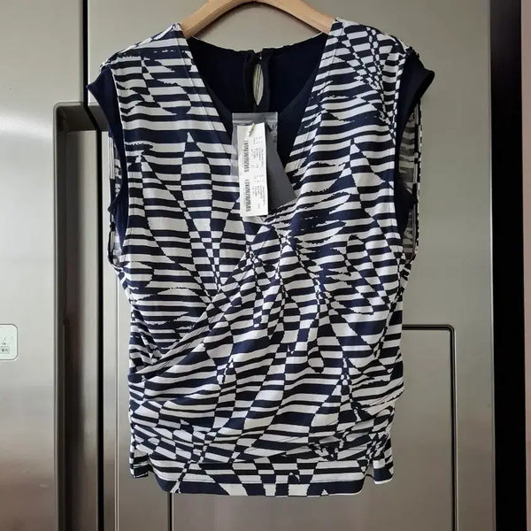 [BUNJANG] Navy Check Pattern Short Sleeve Blouse / 체크 패턴 네이비 반팔 블라우스