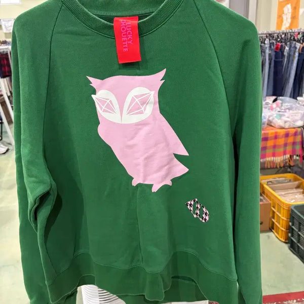 [BUNJANG] Lucky Chouette Green Owl Sweatshirt / 럭키슈에뜨 그린 부엉이 맨투맨
