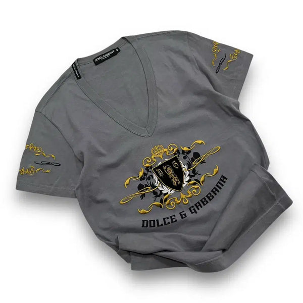 [BUNJANG] Dolce & Gabbana Shield Logo V-Neck T-Shirt Grey / Dolce & Gabbana Shield V Neck T-Shirt