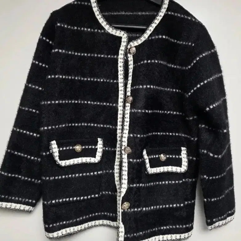 [BUNJANG] Tweed Jacket with Black and White Stripes / 트위드 자켓 블랙 흰색 줄무늬