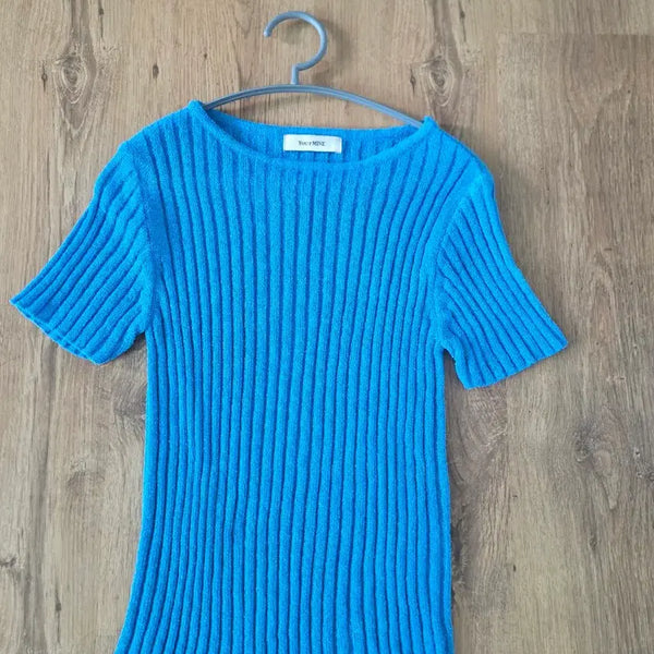 [BUNJANG] Blue Ribbed Short Sleeve Knit / 블루 골지 반팔 니트
