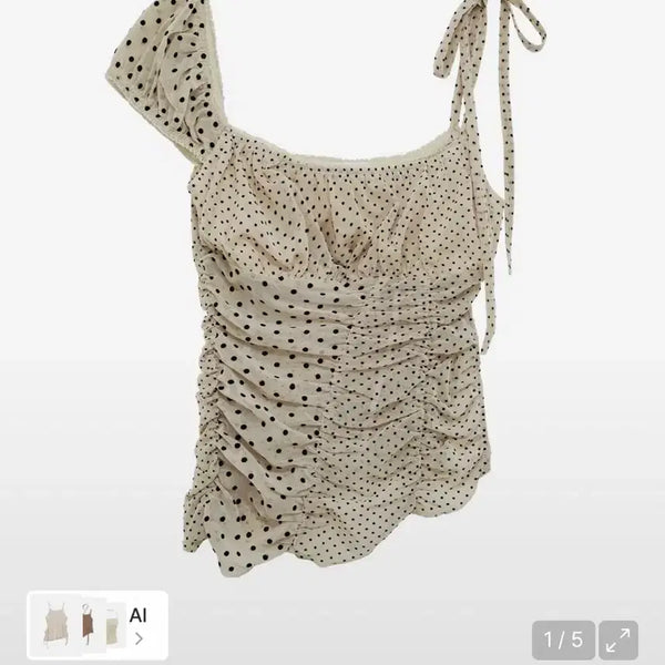 [BUNJANG] Heti Asymmetrical Dot Shirring Top Beige M / 헤티 언발란스 도트 셔링 탑 베이지 m