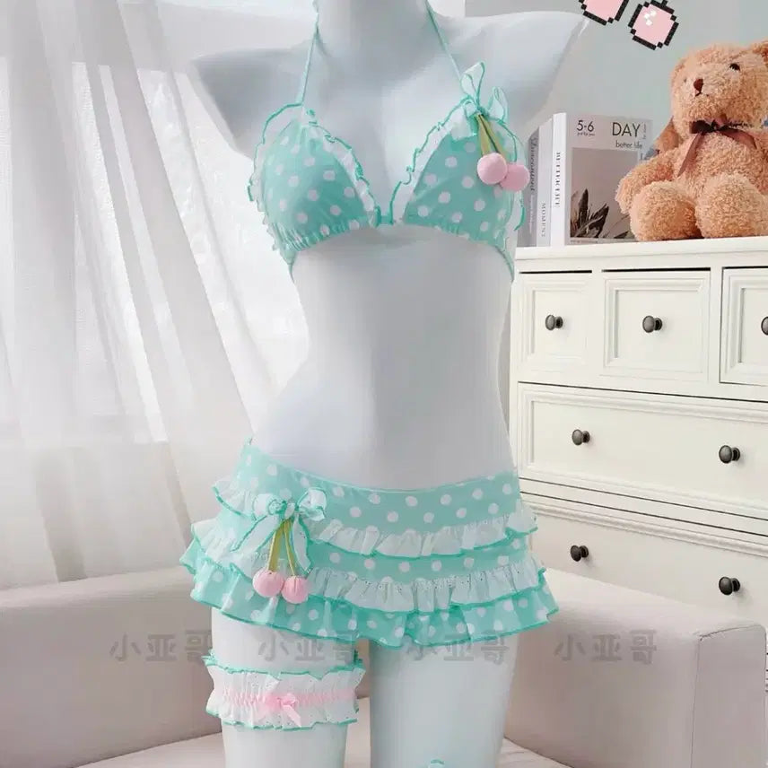 [BUNJANG] Mint Dot Bikini Swimsuit Beachwear with Cardigan / [가디건포함] 민트 도트 비키니 수영복 비치웨어 히메갸루지뢰계양산형