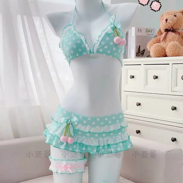 [BUNJANG] Mint Dot Bikini Swimsuit Beachwear with Cardigan / [가디건포함] 민트 도트 비키니 수영복 비치웨어 히메갸루지뢰계양산형