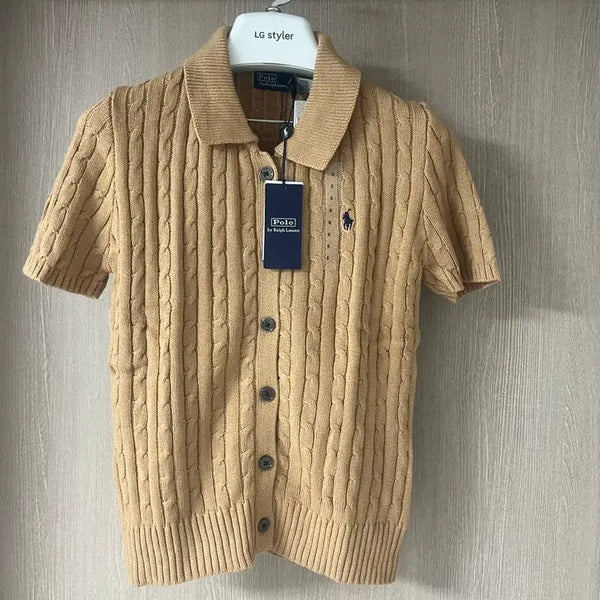 [BUNJANG] Polo Ralph Lauren Women's Cable Collar Short Sleeve Cardigan Camel Small / 폴로 여성 케이블 카라 반팔가디건S스몰 카멜