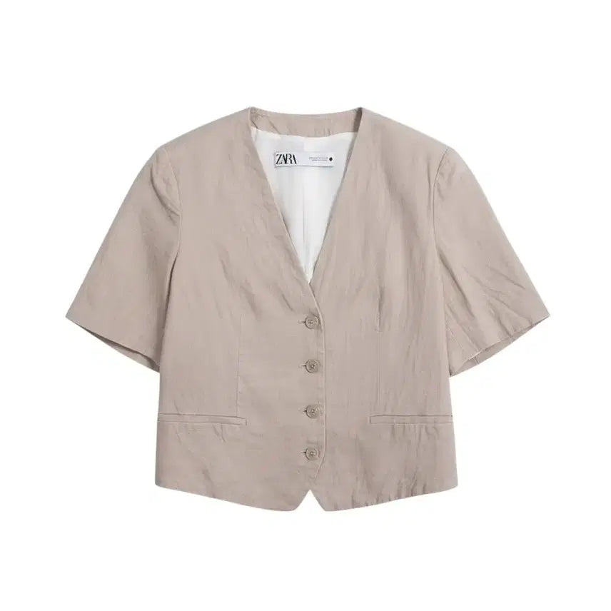 [BUNJANG] Zara Beige V-Neck Short Jacket (Women's XS) / 여성XS/ 자라 베이지 브이넥 반팔자켓