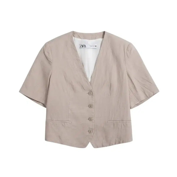 [BUNJANG] Zara Beige V-Neck Short Jacket (Women's XS) / 여성XS/ 자라 베이지 브이넥 반팔자켓