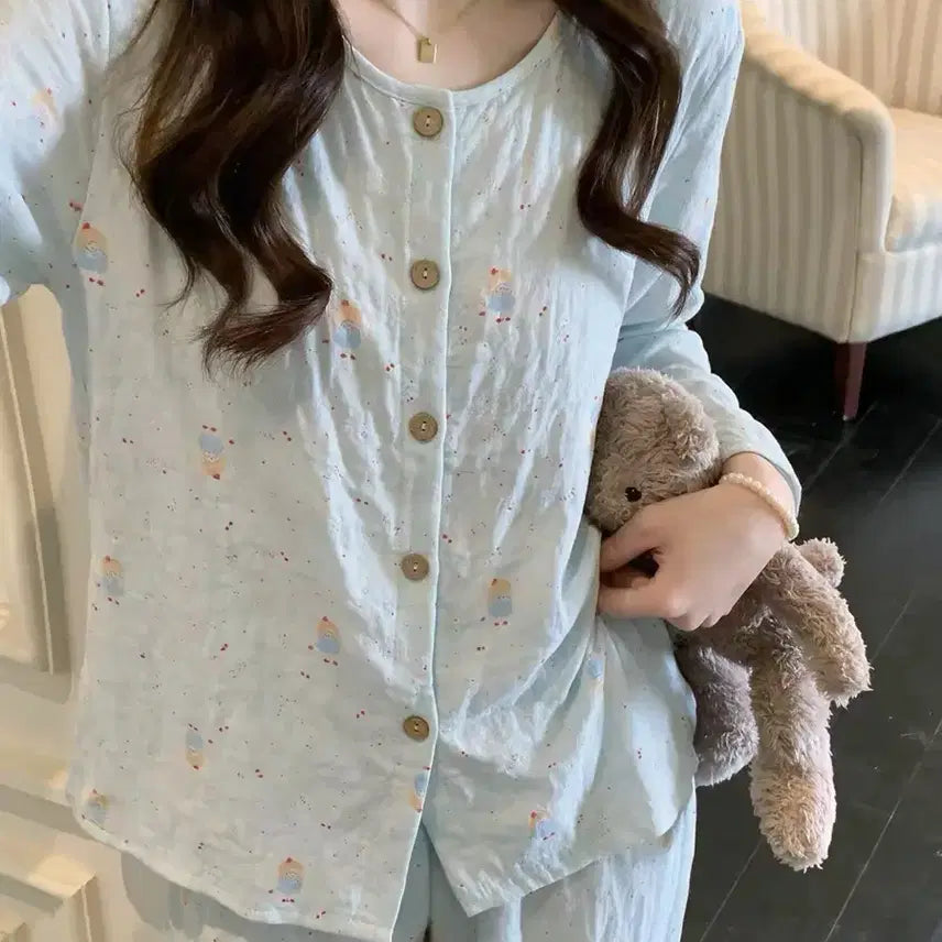 [BUNJANG] Pastel Sky Blue Character Pajama Set / 파스텔 하늘색 캐릭터 파자마