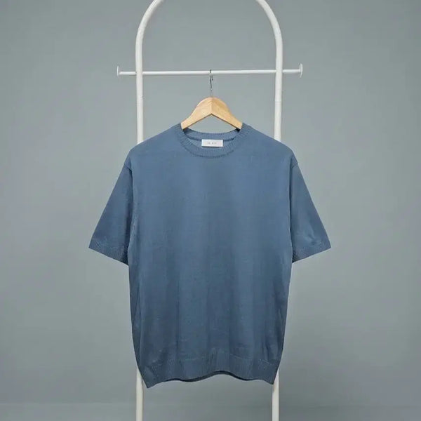[BUNJANG] Dusty Blue Round Neck Short Sleeve Knit (Unisex) / 새제품// 더스티블루 라운드넥  반팔 니트 (공용가능)