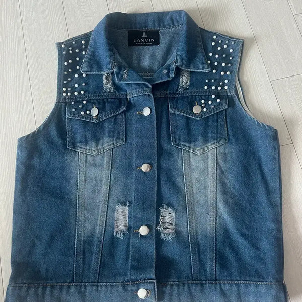 [BUNJANG] Lanvin Collection Denim Vest with Pearl Details / 랑방 컬렉션 데님 조끼 디테일