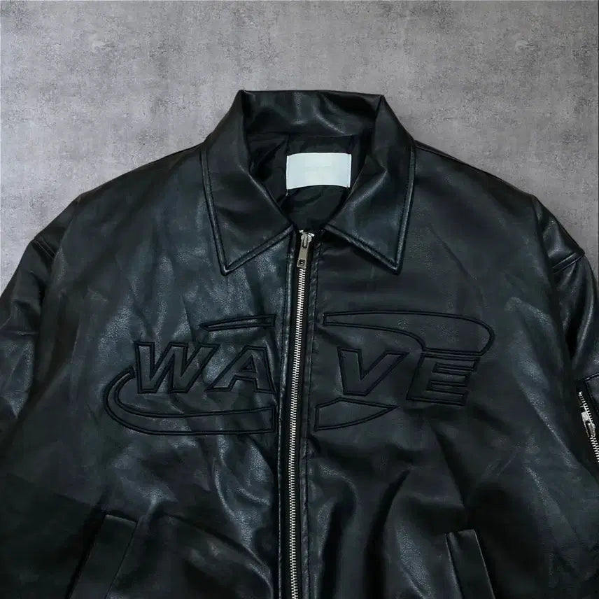 [BUNJANG] WAVE Big Logo Black Bomber Leather Jacket / WAVE 빅로고 블랙 봄버 가죽 자켓