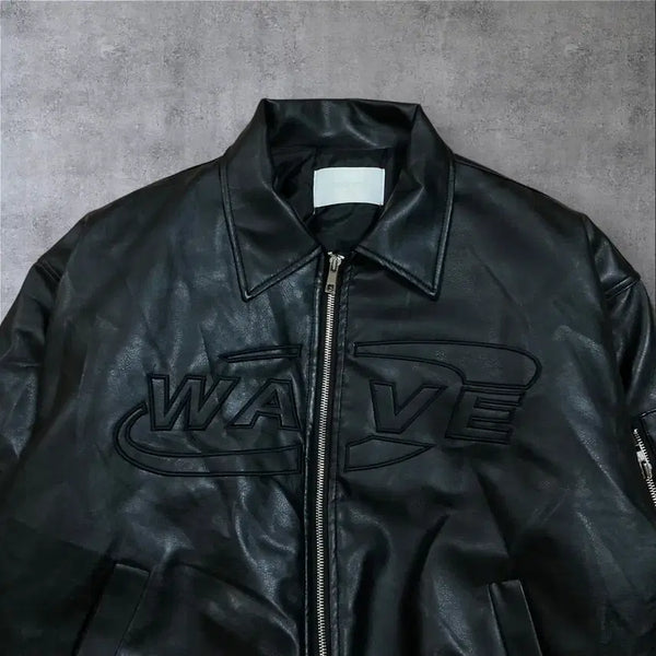 [BUNJANG] WAVE Big Logo Black Bomber Leather Jacket / WAVE 빅로고 블랙 봄버 가죽 자켓