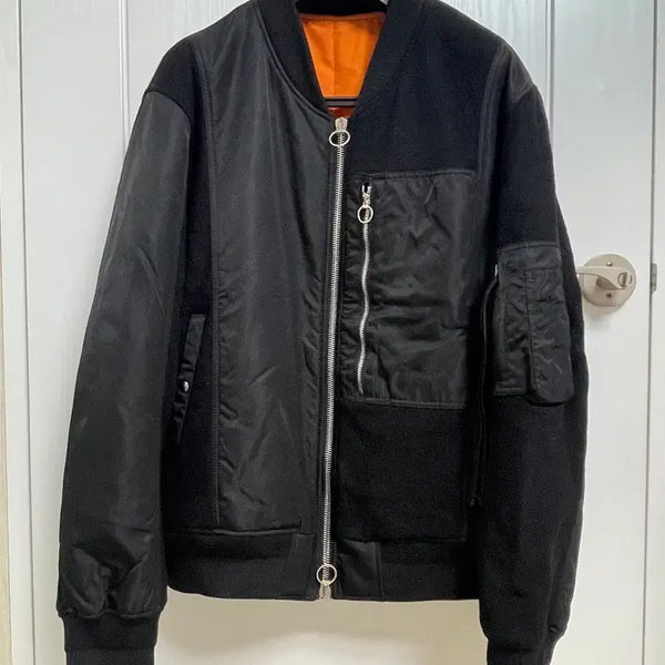 [BUNJANG] Solid Homme Black Patchwork Bomber Jacket 50 / 솔리드옴므 블랙 패치워크 항공점퍼 50