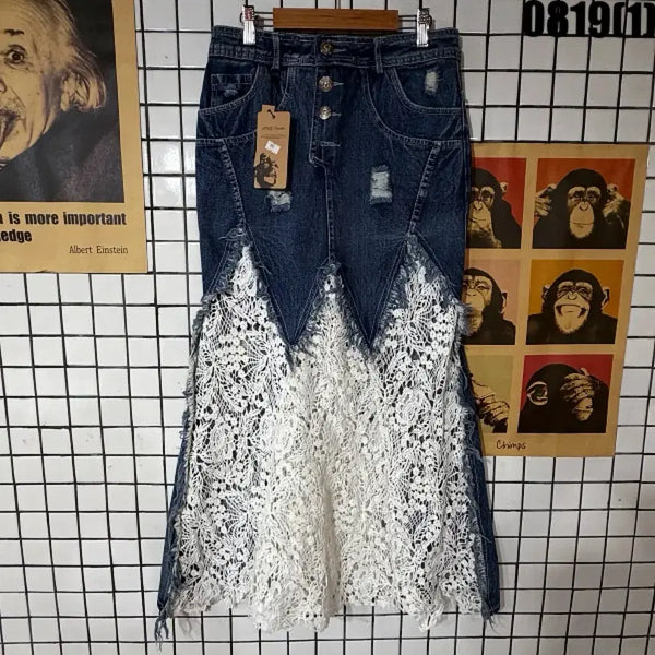 [BUNJANG] Denim Lace Long Skirt / 청치마 레이스 롱스커트 0819