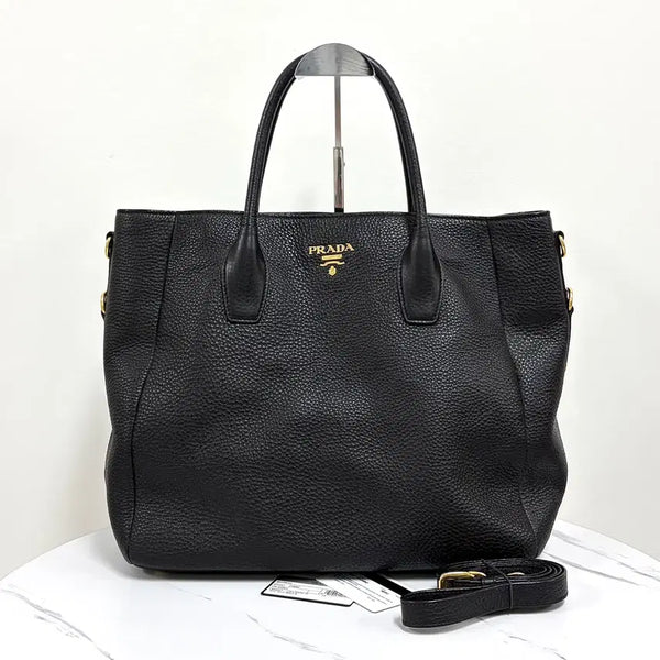 [BUNJANG] Prada Vitello Daino Tote & Shoulder Bag Black (BN2537) / 프라다 비텔로 다이노 토트백 & 숄더백 블랙 (BN2537)