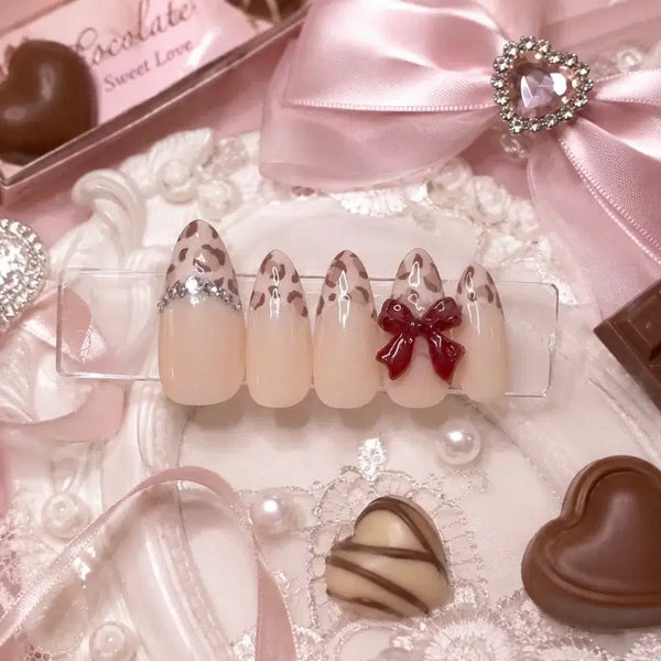 [BUNJANG] Leopard Print Handmade Nail Tips - Milk Chocolate & Hime Gyaru Style / 밀크 초콜릿을 먹은 호피 수제네일팁/히메갸루/라떼