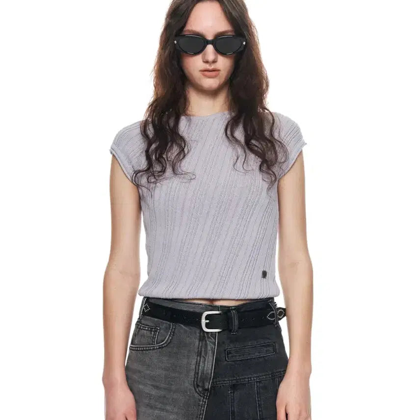 [BUNJANG] Matinkim Diagonal Sleeve Knit Top Short Sleeve / 마뗑킴 다이애그널 슬리브 니트 탑 반팔 S