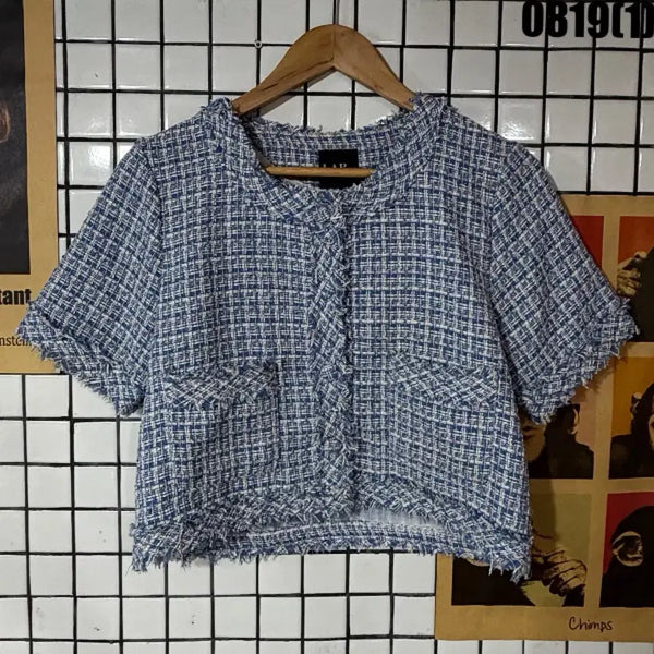 [BUNJANG] LAP Tweed Short-Sleeve Cropped Jacket Blue / LAP 트위드 반팔 크롭 자켓 블루 0819