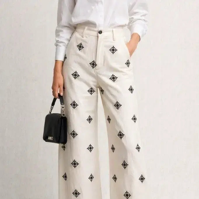 [BUNJANG] ZARA Embroidered Linen Blend Ethnic Wide Women's Pants / 새상품 자라 자수 린넨 혼방 에스닉 와이드 여성 팬츠 바지 봄 가을 S 27 28(89900)