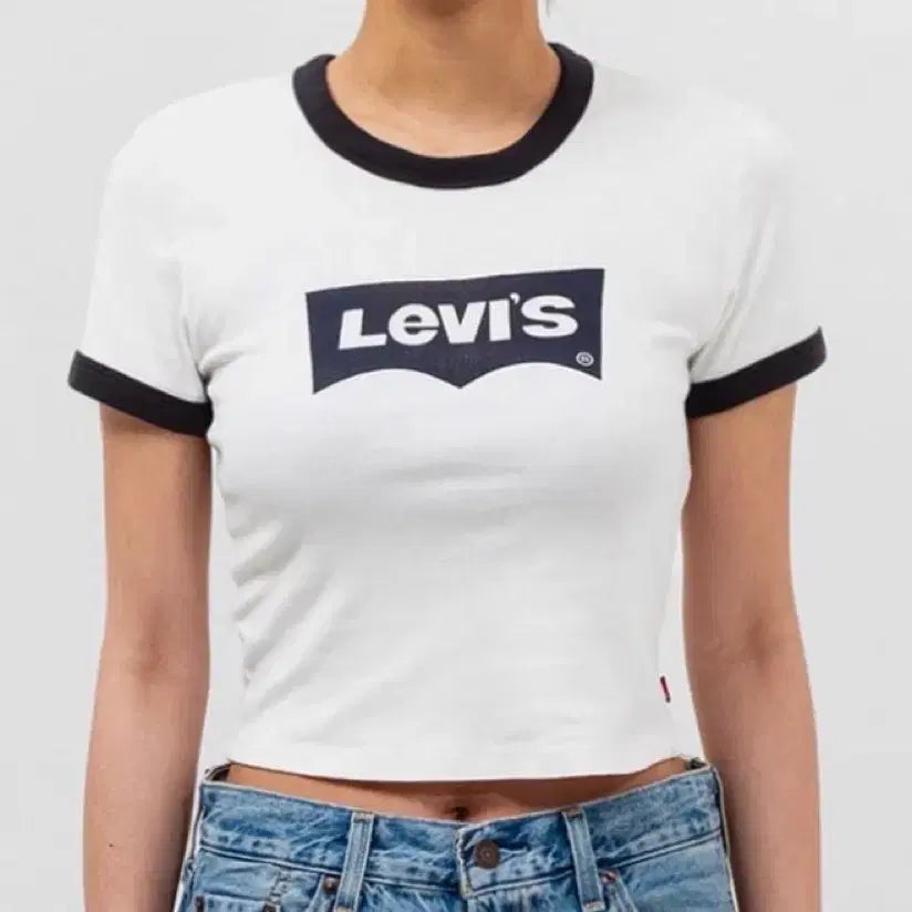 [BUNJANG] Levi's Batwing Graphic Logo Ringer Crop Mini T-Shirt (White/Black) / [L] 리바이스 링거티 화이트 블랙 크롭 반팔 미니 티셔츠 LEVIS 배트윙 그래픽 로고