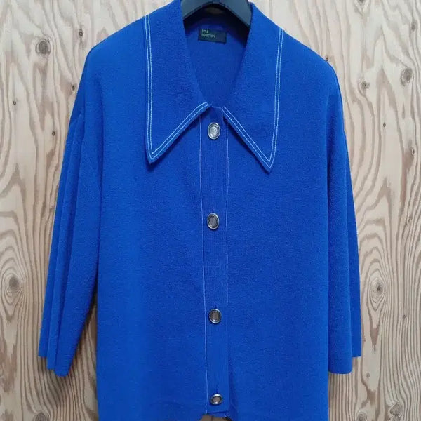 [BUNJANG] Benetton Blue Wide Collar 5-Sleeve Crop Knit Jacket / 베네통 블루 왕카라 5부 소매 크롭 니트 쟈켓