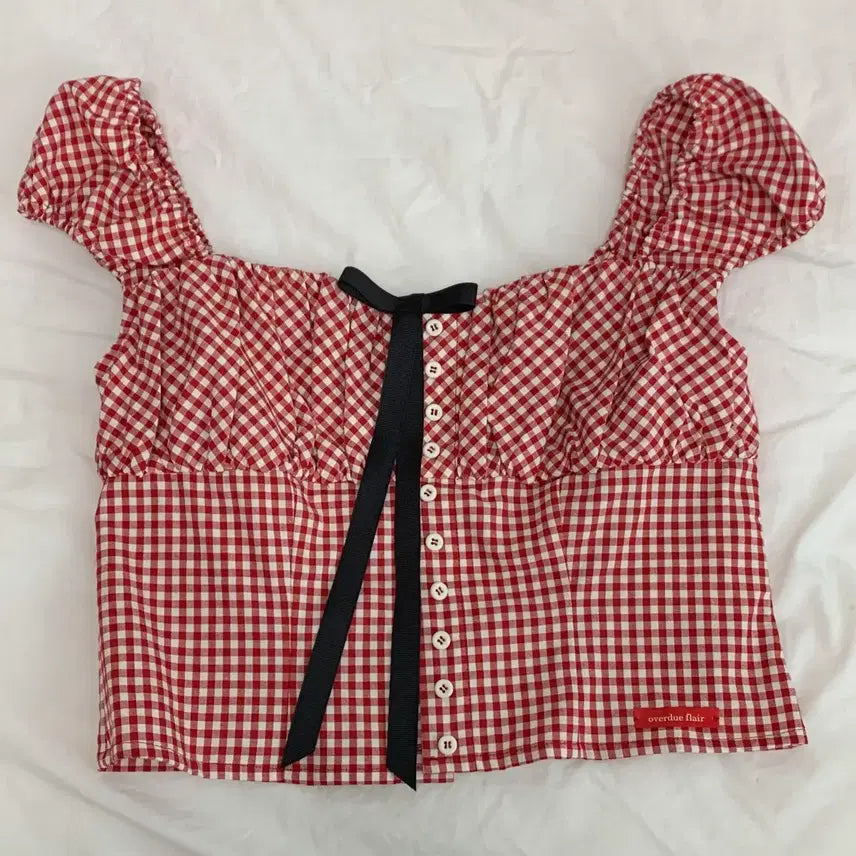 [BUNJANG] OVERDUELARE Ribbon Check Blouse / 오버듀플레어 리본 체크 블라우스