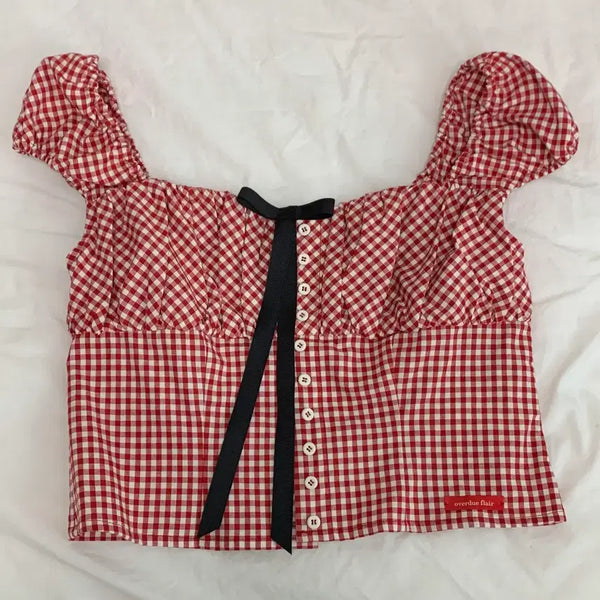 [BUNJANG] OVERDUELARE Ribbon Check Blouse / 오버듀플레어 리본 체크 블라우스