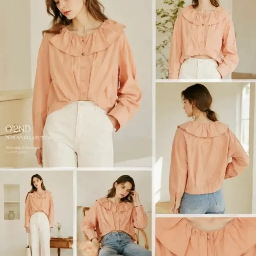 [BUNJANG] Ozzo Second Salmon Pink Frill Collar Heart Button Blouse / 오즈세컨 블라우스/66