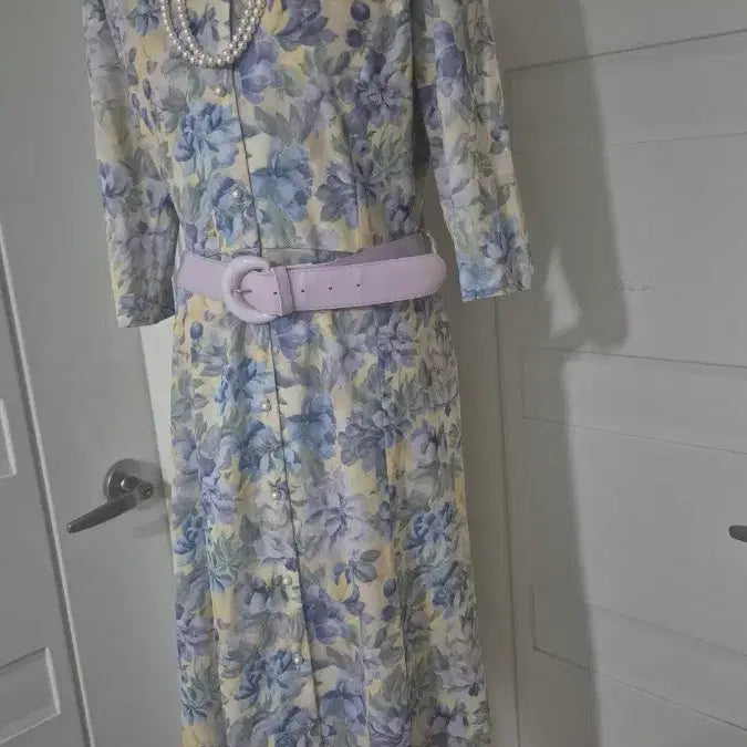 [BUNJANG] Lady Concept Floral Pattern Long Dress with Belt / 미국 플로럴 패턴 롱 원피스 연보라 벨트