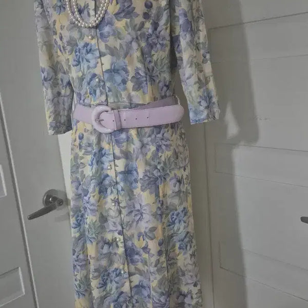 [BUNJANG] Lady Concept Floral Pattern Long Dress with Belt / 미국 플로럴 패턴 롱 원피스 연보라 벨트