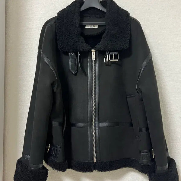 [BUNJANG] Women's Black Leather Mustang Jacket with Shearling Trim / 여성 가죽 무스탕 자켓 블랙