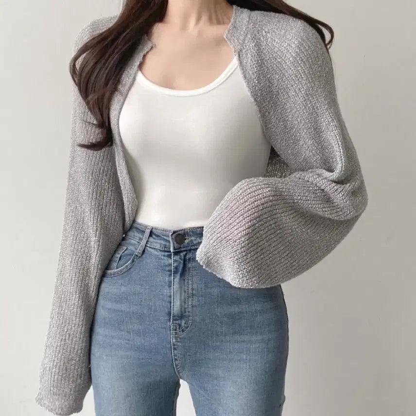 [BUNJANG] Knit Bolero Cardigan (Gray/Black) / 여름 니트 볼레로 가디건 그레이 블랙