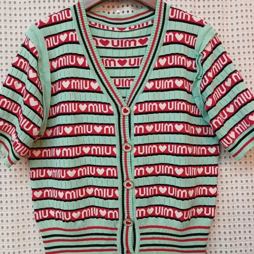 [BUNJANG] Heart Pattern Short-Sleeved Cardigan Mint / 하트 패턴 반팔 가디건 민트