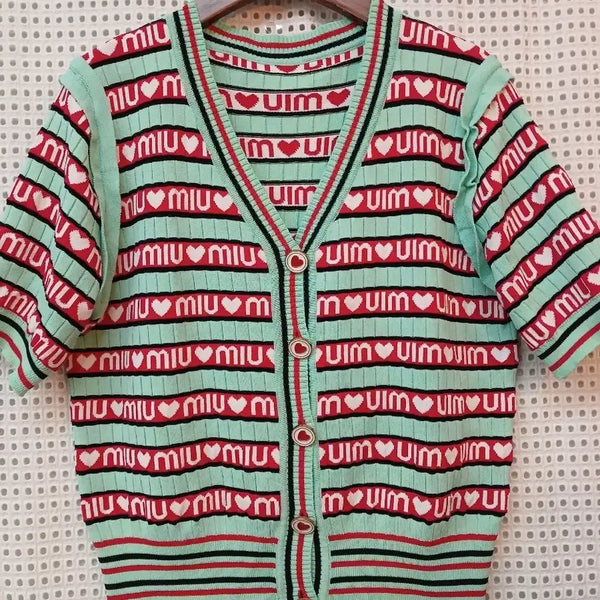 [BUNJANG] Heart Pattern Short-Sleeved Cardigan Mint / 하트 패턴 반팔 가디건 민트